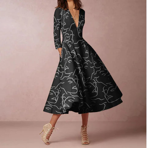 V-neck Long-sleeved Dress for Women