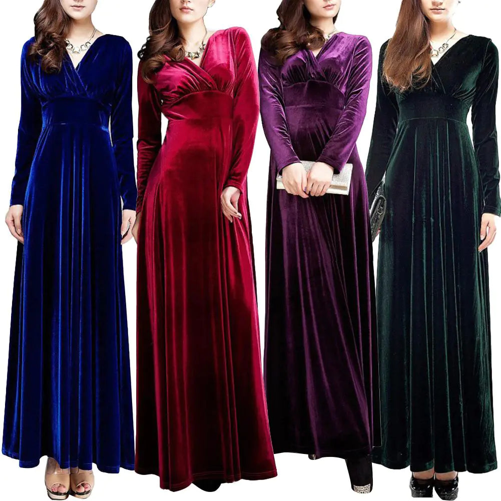 Golden Velvet V-neck Long-sleeved Dress for Women