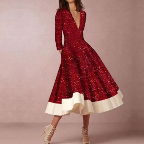 V-neck Long-sleeved Dress for Women