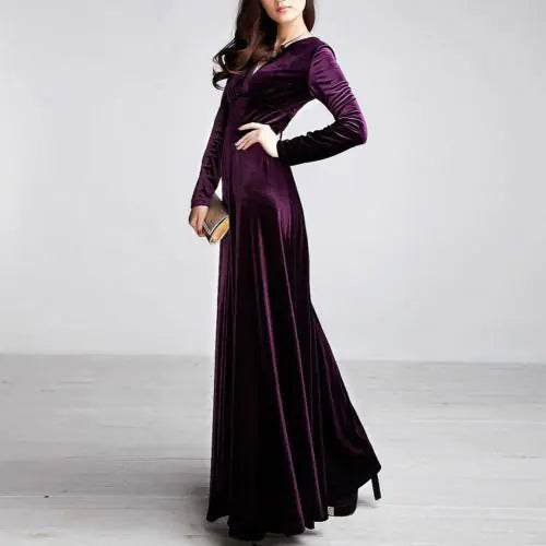 Golden Velvet V-neck Long-sleeved Dress for Women