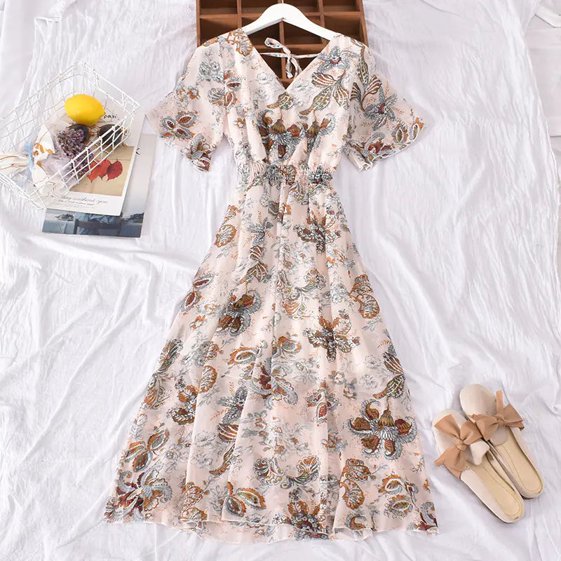 French V-Neck Short Sleeve Dress for Beach Vacation