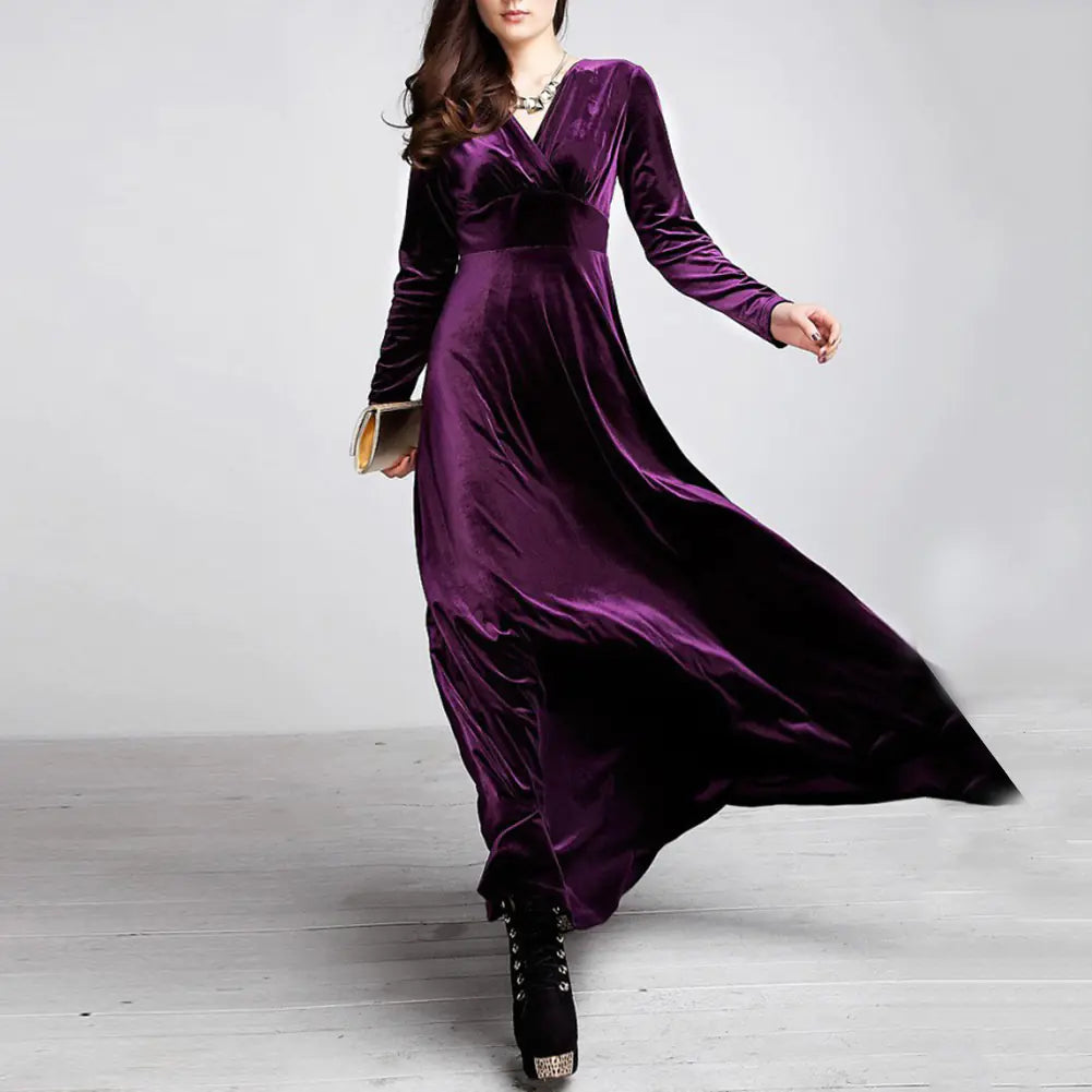 Golden Velvet V-neck Long-sleeved Dress for Women