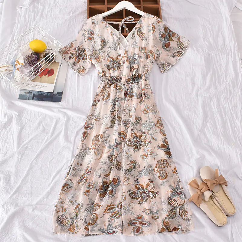 French V-Neck Short Sleeve Dress for Beach Vacation