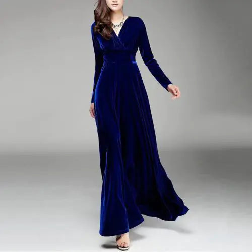 Golden Velvet V-neck Long-sleeved Dress for Women