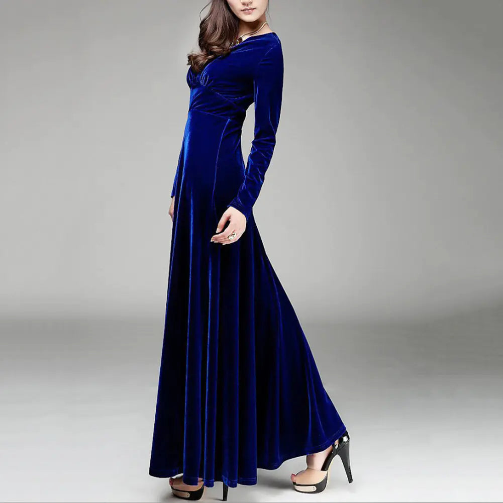 Golden Velvet V-neck Long-sleeved Dress for Women