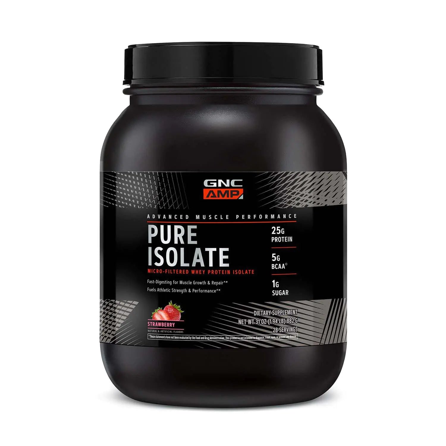 GNC AMP Pure Isolate Protein Powder| 25g Whey Protein Isolate with 5g BCAA | Fuels Athletic Strength Performance and Muscle Growth | Strawberry | 28 Servings