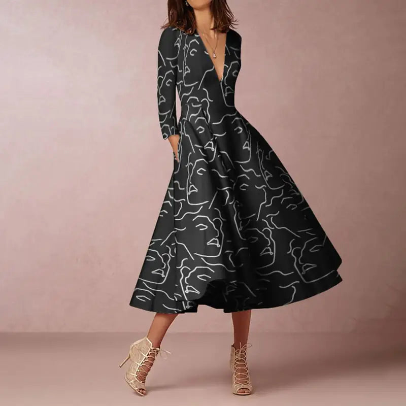 V-neck Long-sleeved Dress for Women