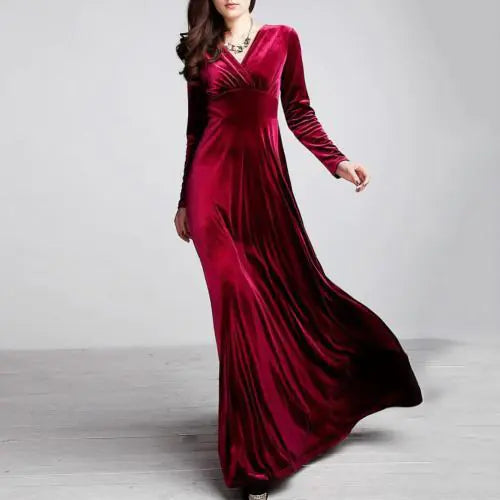 Golden Velvet V-neck Long-sleeved Dress for Women